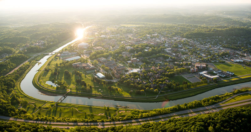 Aerial view of Ohio University’s Athens campus at sunset.