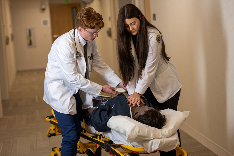 Two medical students examine a medical manikin on a stretcher.