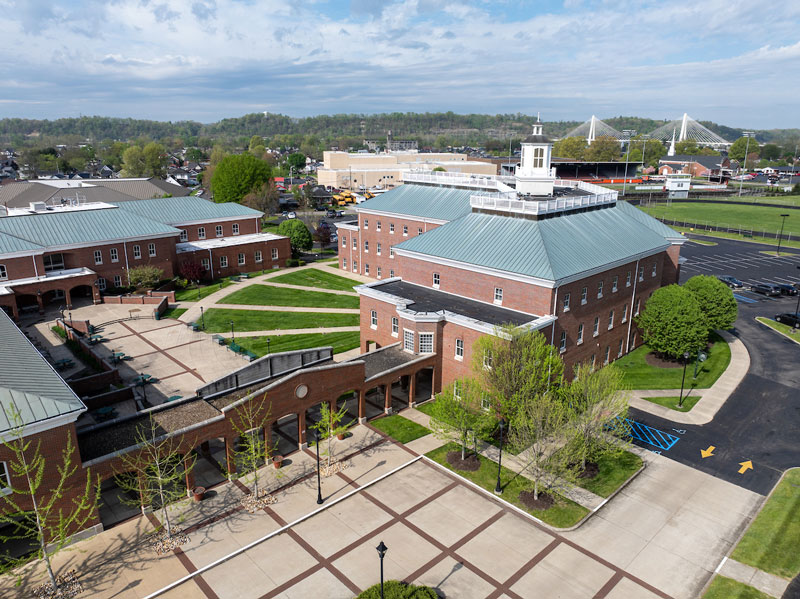 Aerial view of brick buildings on OHIO’s Southern campus.